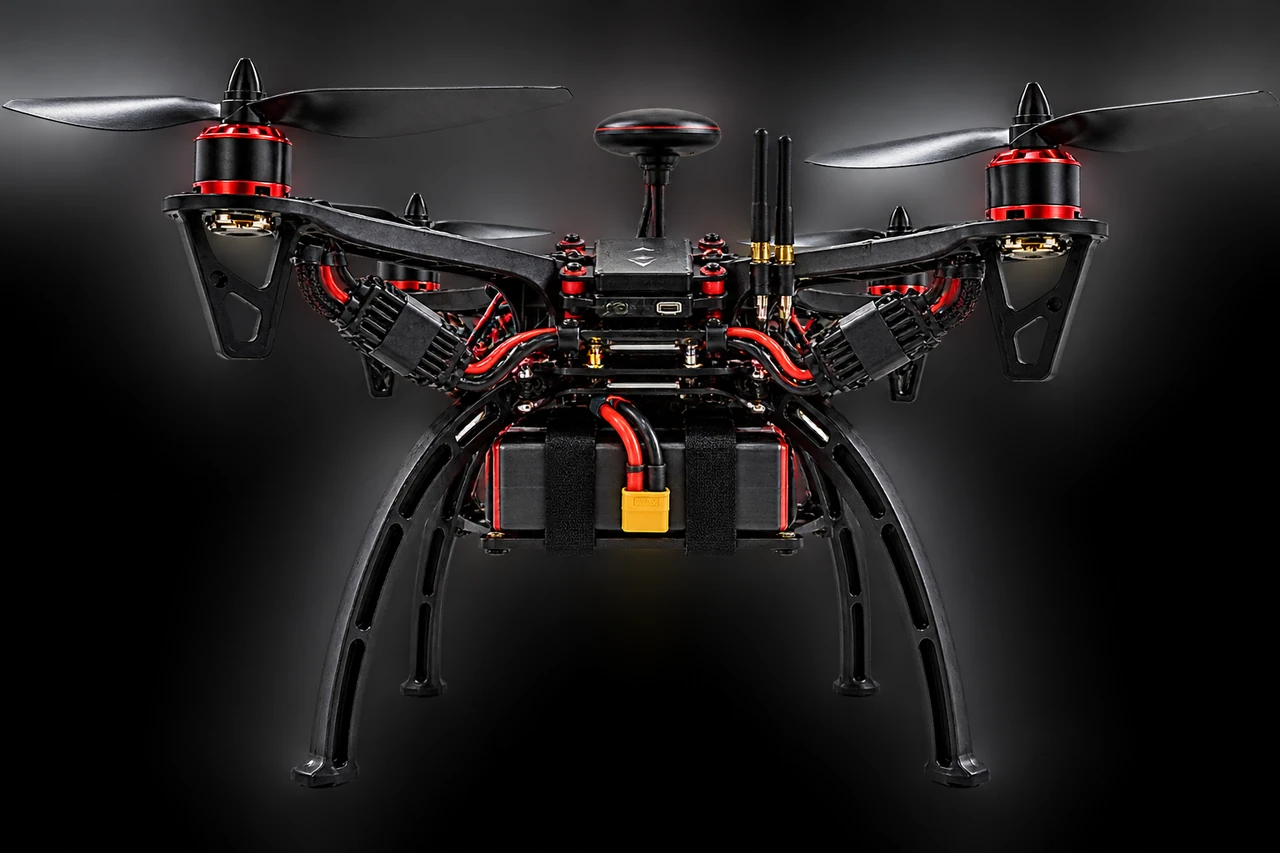Front view of the IAST black and red quadcopter showing its motors, electronics and landing gear